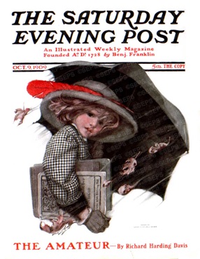 Sarah Stilwell Weber, Girl with Schoolbooks Walking in Rain with Umbrella, Saturday Evening Post, October 9, 1909
