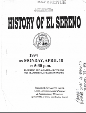 Cover of History of El Sereno paper presented April 1994