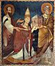 Scuola romana, affreschi del sancta sanctorum, 1280 ca., Niccolò III dona la chiesa ai ss. pietro e paolo 03 (cropped).jpg