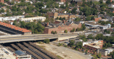 Detail of an Aerial view of Union Station showing the former Home for the Aged Men and Women in the 1980s
