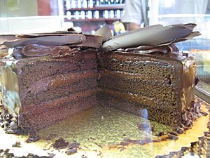 Chocolate cake with chocolate frosting topped with chocolate