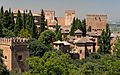 Various roofs and towers of Alhambra, from Generalife gardens, Granada, Spain