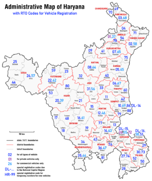 Administrative map of Haryana with RTO codes for vehicle registration