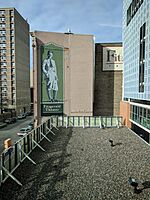 Downtown Saint Paul roof with Fitzgerald Theater mural in background