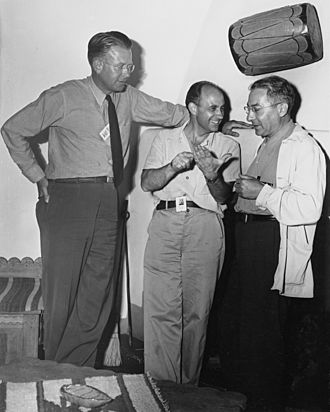 Atomic physicists Ernest O. Lawrence, Enrico Fermi, and Isidor Rabi - NARA - 558595