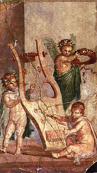 Left image: Silenus holding a lyre, detail of a fresco from the Villa of the Mysteries, Pompeii, Italy, c. 50 BCRight image: Cupids playing with a lyre, Roman fresco from Herculaneum