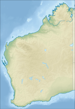 A map of Western Australia with a mark indicating the location of Lake Muir