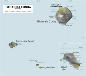 Map showing Inaccessible Island and nearby Tristan da Cunha and Nightingale Islands.