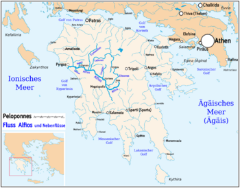 Alfios River, Peloponnes, Greece - course - political map - DE Labels