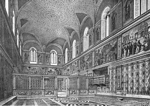 Cappella sistina, ricostruzione dell'interno prima degli interventi di Michelangelo, stampa del XIX secolo