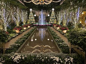 Longwood Gardens Conservatory Exhibition Hall fountain at Christmas