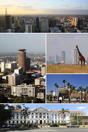 Clockwise from top: central business district; a giraffe walking in Nairobi National Park; Parliament of Kenya; Nairobi City Hall; and the Kenyatta International Conference Centre