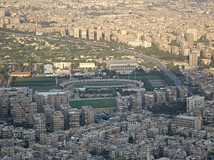 Al-Fayhaa Stadium in Damascus, Syria as seen from Mount Qasioun