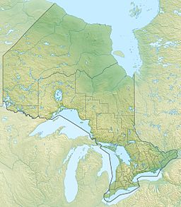 Map of Ontario with a dot at the location of the Mississagi Strait