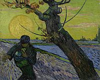 A man sowing seeds in front of a giant sun going down near a large tree