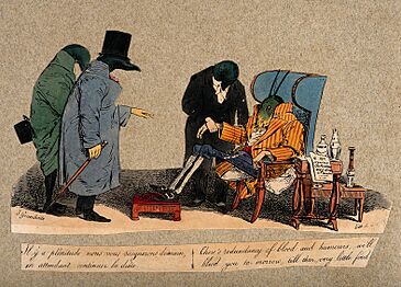 Coloured lithograph cartoon showing three leech doctors treating a grasshopper patient