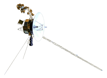 Model of the Voyager spacecraft, a small-bodied spacecraft with a large, central dish and multiple arms and antennas extending from the dish