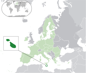 Location of  Malta  (green circle)– on the European continent  (light green & dark grey)– in the European Union  (light green)  —  [Legend]