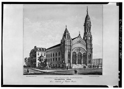 Photocopy of lithograph, VIEW OF CHURCH, ca. 1885. In the collection of the American Catholic Historical Society, Philadelphia, Pa. - St. Charles Borromeo Roman Catholic Church, HABS PA,51-PHILA,682-3