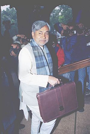 The Union Minister for Railways Shri Nitish Kumar entering Parliament to present Interim Railway Budget (2004-05) in New Delhi on January 30, 2004