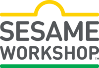Logo for Sesame Workshop, created in 2018 simultaneously. Features the words "SESAME WORKSHOP" (all-caps) in gray inside border lines of yellow on the top and green on the bottom that together form a shape similar to the "Sesame Street" sign.