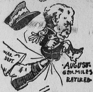 Satterfield cartoon about forced retirement of Nelson Miles