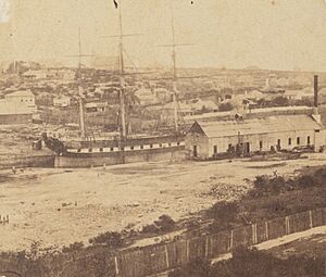 The Dry Dock Balmain (Looking west across Mort’s Dock at Waterview Bay, Balmain. The building on right was severely damaged by a boiler explosion in 1865) (18750643814)