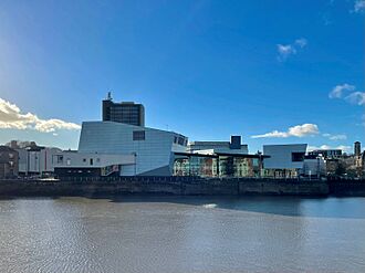 The Riverfront Arts Centre in Newport, Wales shown in January 2022 photographed from the east side of the River Usk