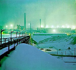 Bunker Hill smelter operating in winter snow, 1970s