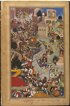 Akbar shoots Jaimal at the siege of Chitor