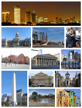 From top (left to right): skyline of the city at dusk, the National Congress, the Woman's Bridge in Puerto Madero, Tango dancers in San Telmo, the Pink House, the Metropolitan Cathedral, Cabildo, the Obelisk, Colón Theatre, La Recoleta Cemetery, the Planetarium in the Palermo Woods, and Caminito in La Boca.