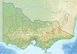 A map of Victoria, Australia, with a mark indicating the location of Lake Connewarre