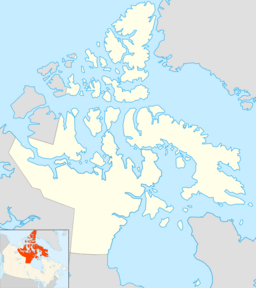 Map of Nunavut with a dot at the location of Lancaster Sound