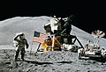 Apollo 15 flag, rover, LM, Irwin cropped