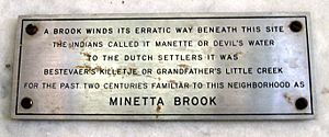 Plaque on the building at 2 Fifth Avenue in honor of Minetta Creek