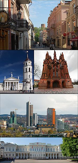 Top: Vilnius Old Town  Middle left: Vilnius Cathedral  Middle right: St. Anne's Church  The 3rd row: Vilnius business district (Šnipiškės)  The 4th row: Presidential Palace.