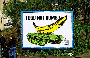 A mural of "food not bombs" in Berlin, Germany