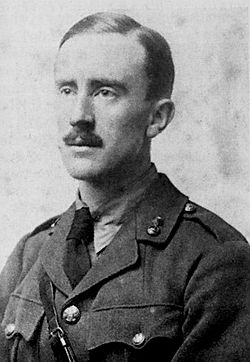 Tolkien, aged 24, in military uniform, while serving in the British Army during World War I, 1916.