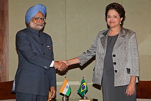 Former Indian prime minister Manmohan Singh meeting former Brazilian president Dilma Rousseff