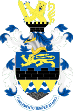 a blue, yellow and black coat of arms with lions