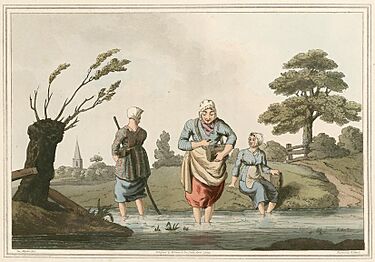 Print from Costumes of Yorkshire 1814 showing three women searching for leeches in a pond