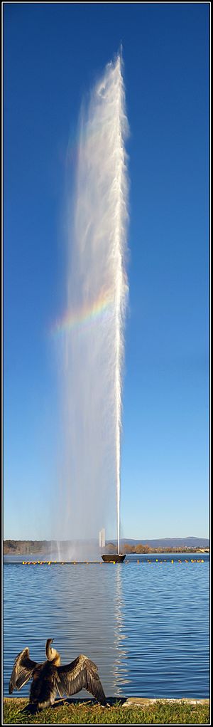 A vertical panorama of the Captain James Cook Memorial water jet on Lake Burley Griffin, in Canberra, ACT