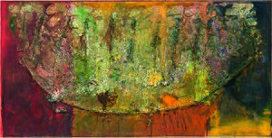 Frank Bowling, Philoctetes' Bow, 1987, acrylic paint and acrylic gel with mixed media over foam on collaged canvas, 183 x 360 cm. Courtesy the artist. Photographed by Charlie Littlewood