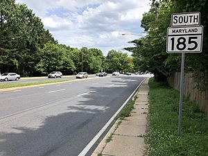 2019-06-17 15 04 06 View south along Maryland State Route 185 (Connecticut Avenue) just south of Warner Street in Kensington, Montgomery County, Maryland