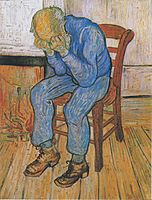 A painting of an old man who sits on a chair with his head in his hands.