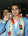 The Beijing Olympic bronze medal winner, boxer Vijender Kumar at Delhi Indira Gandhi International Airport, in New Delhi on August 25, 2008
