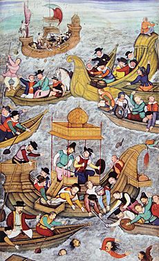 Death of Sultan Bahadur in front of Diu against the Portuguese 1537 Akbar Nama end of 16th century
