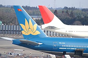 A Vietnam Airlines and JAL tail at Narita International Airport (NRT-RJAA)