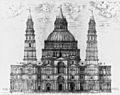  An engraved picture showing an immensely complex design for the façade, with two ornate towers and a multitude of windows, pilasters and pediments, above which the dome rises looking like a three-tiered wedding cake.