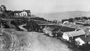 Photocopy of photograph (original print in New Almaden Museum) Circa 1885, photographer unknown WEST FLANK AFTER SECOND ADDITION - Mine Hill School, New Almaden Quicksilver Mine HABS CAL,43-ALMA,5-5 (cropped)